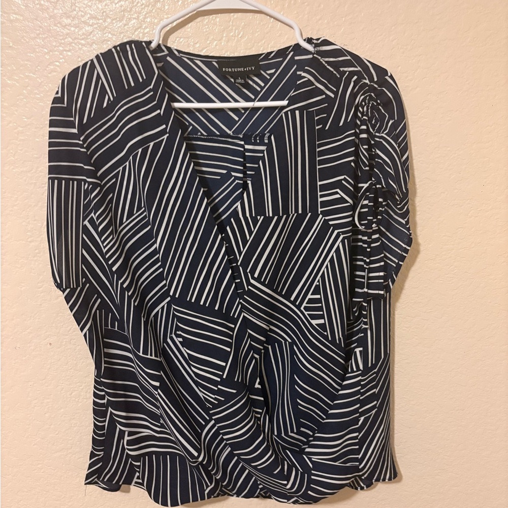 Fortune + Ivy Navy Geometric Stripe Wrap Blouse